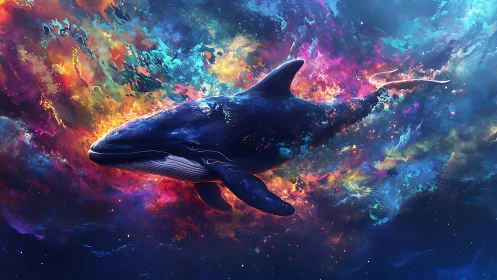Whale swims through dense multicolored cosmic nebula field
