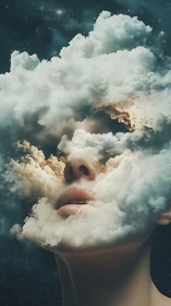 Cloud-dreamed visage drifts between cosmos and quiet skin