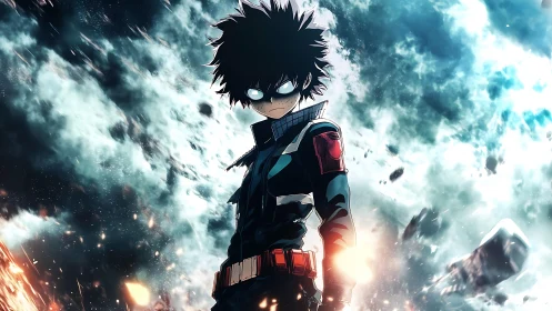 Brooding anime hero stands defiant amid a storm of power