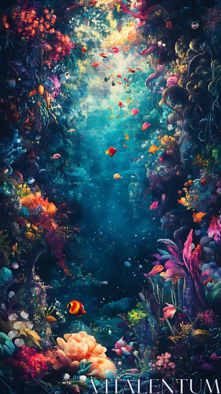 Luminous coral ravine where dream-bright reef fish wander.