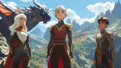 Three armored youths and dragon in bright mountain valley.