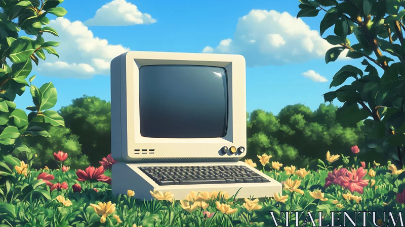 Retro beige computer rests among wildflowers under sky