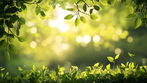 Sunlit Green Leaves with Bokeh Background in Nature-Inspired Style.