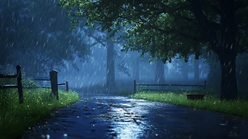 Rain-polished country lane listens quietly to moonlit storms