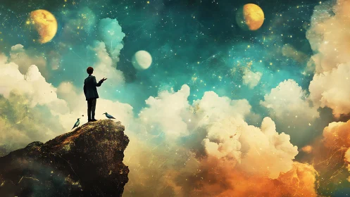 Boy on a star-sprinkled cliff courting three dream moons.