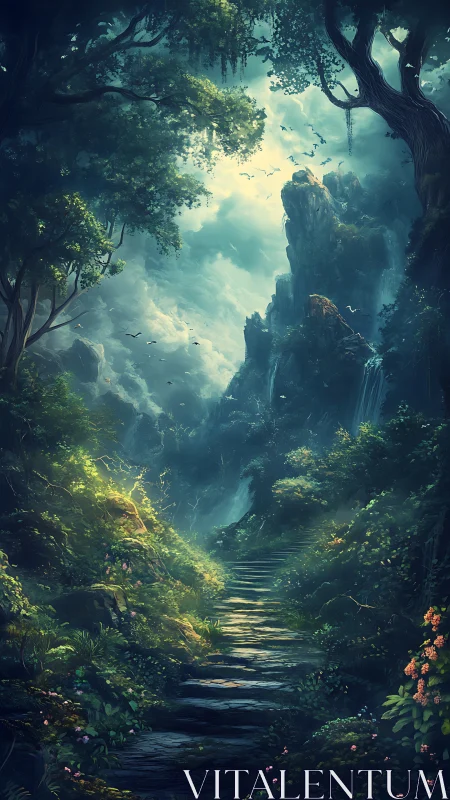 Layered landscape vista with rock formations and dense canopy