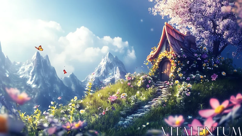 Mountain fairy cottage under blossom-lit spring skies.