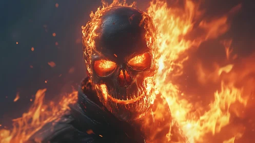 Combustive skeletal visage rendered in high-energy photorealism.