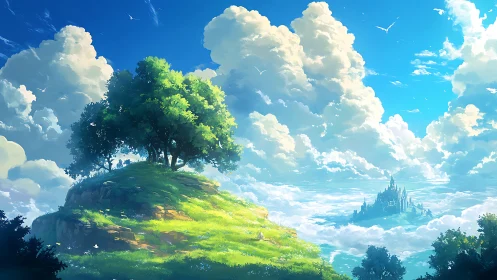 Ethereal landscape with luminous tree on verdant promontory, towering cumulus formations, and castle