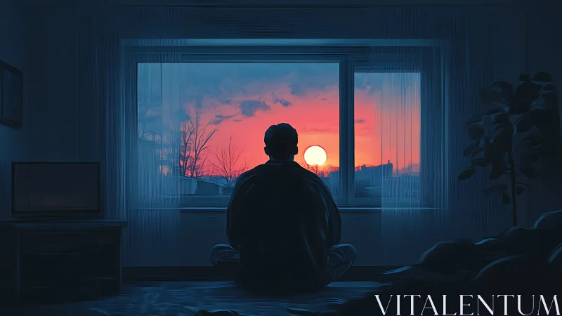 Solitary figure observes vivid sunset horizon through window