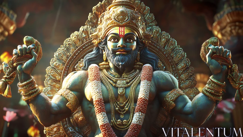Digital rendering of blue-skinned Hindu deity statue in shrine.