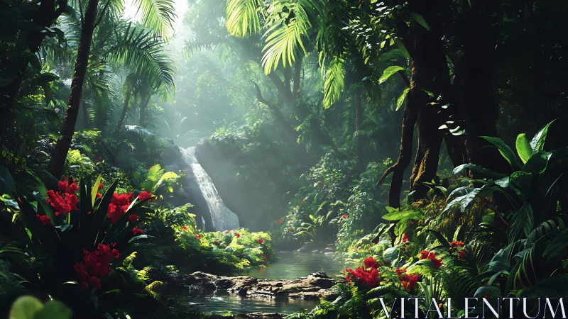 Tropical Waterfall in Lush Rainforest Paradise.