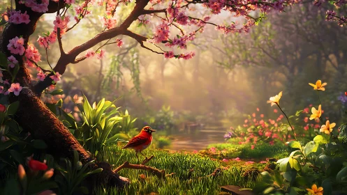 Spring-lit woodland creek with ruby songbird in bloom.