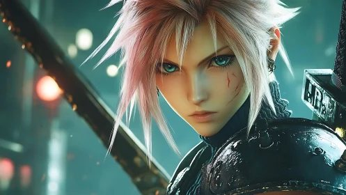 Sword wielding anime warrior stares forward in teal light