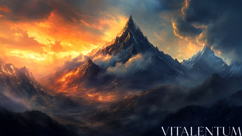 Flaming sunset crowns a dramatic fantasy mountain range.