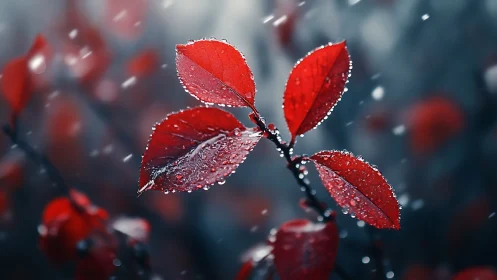 Red leaves with water droplets in soft blurred background.