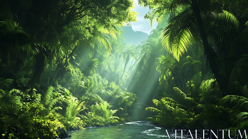 Sunlit jungle riverway beneath towering palm canopy.