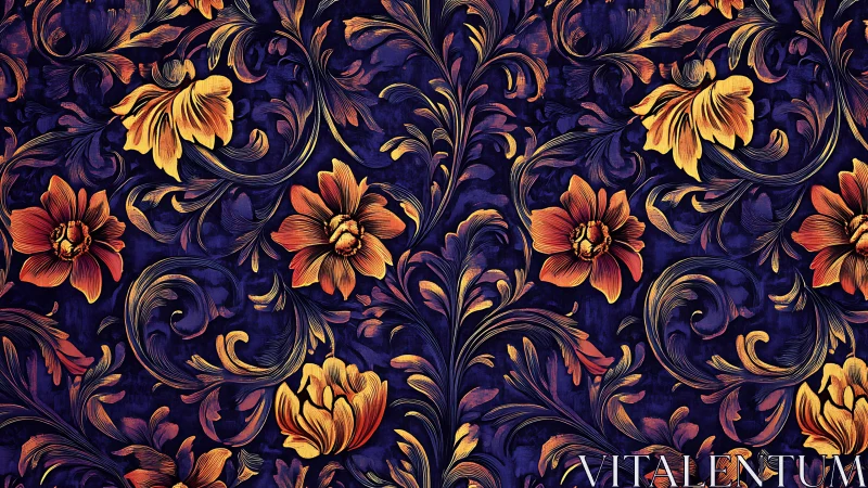 Ornate orange floral pattern on dark blue swirling background.