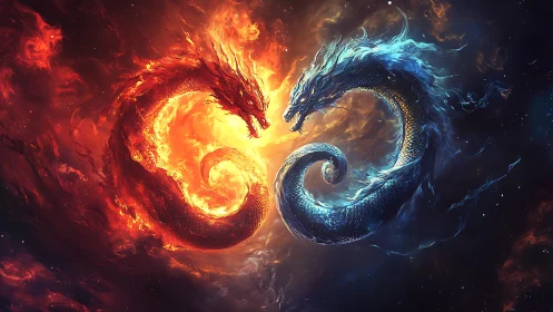 Fiery and icy dragons swirling in a cosmic embrace.