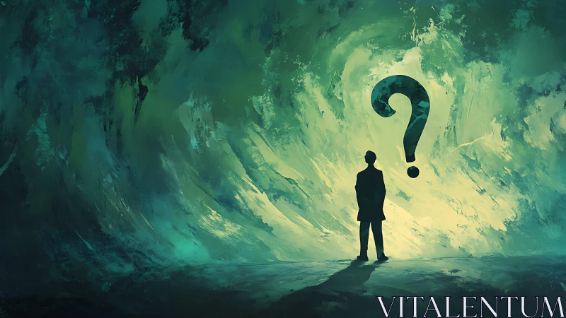 Question-mark constellations whirl around a solitary thinker