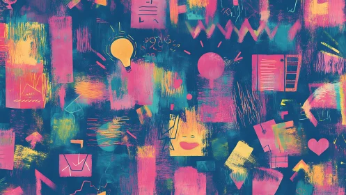 Abstract digital collage with icons on textured background.