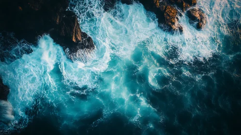 Turbulent turquoise surf hurls itself against ember-lit cliffs