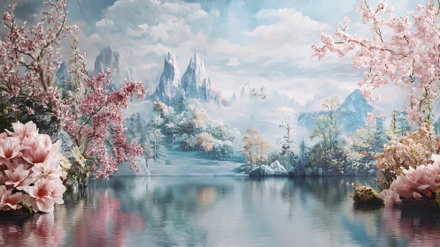 Blossom-laced mountains breathe softly above mirrored water