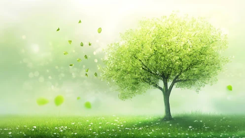 Single green tree stands on grassy field under diffuse light