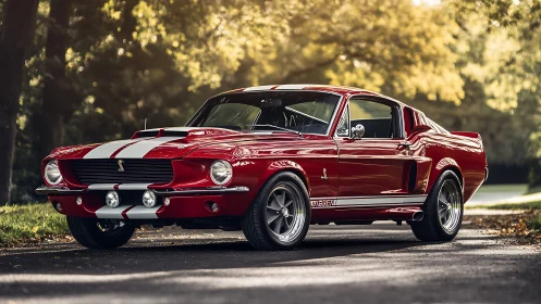 Classic red Shelby Mustang fastback on sunlit forest road.