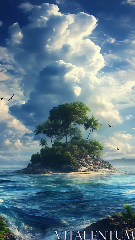 Tropical Island Rises from Crystal Waters Below.