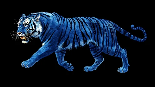 Blue tiger illustration on black background in profile stride.