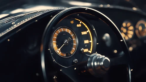 Vintage car dashboard captures illuminated central gauge
