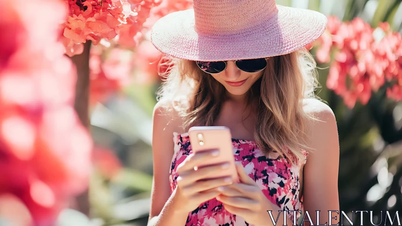 Sunlit mobile interaction amid saturated floral bokeh field.
