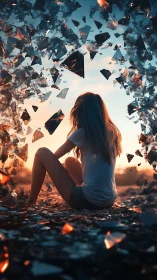 Girl adrift in a storm of glowing sunset glass shards.