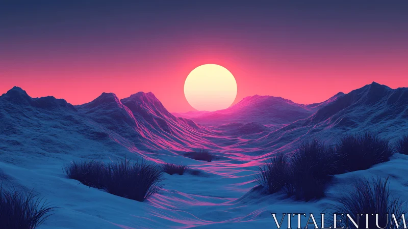 Dreamlike neon sun sinks over glowing snowbound valley