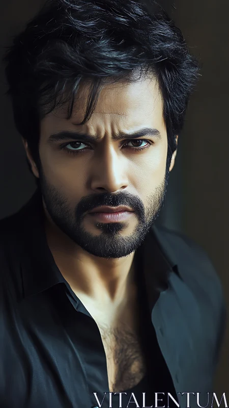 Intense bearded man under soft directional studio lighting.