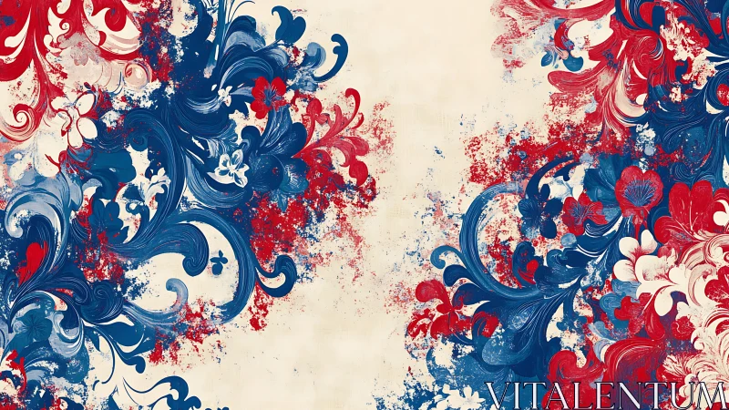 Dynamic tricolor floral curls form mirrored ink-splash composition