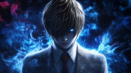 Male anime figure stands in blue energy with glowing eyes