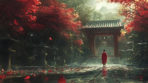 Solitary figure approaching rain-soaked Japanese temple gate
