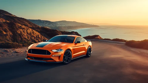 Photoreal coastal muscle car study in golden hour light.