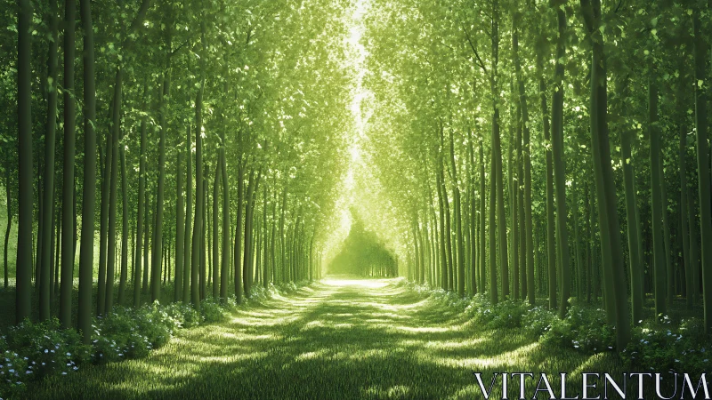 Colonnaded tree corridor with axial sunlit vanishing point.