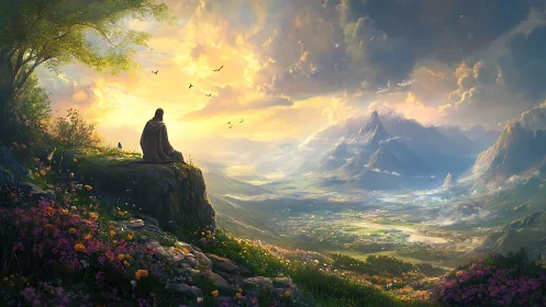 Cloaked wanderer overlooking luminous mountain valley at dawn.