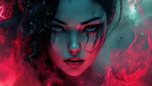 Female digital portrait shows blue-lit face amid red flames