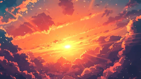 Radiant sunset sky with volumetric clouds and warm flares.