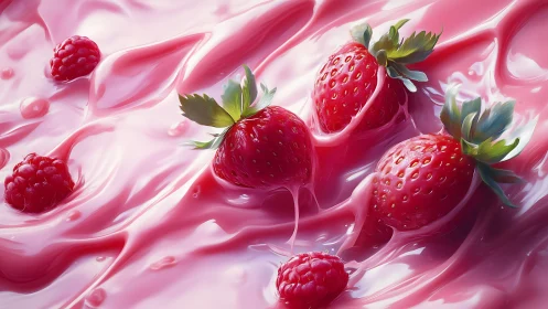 Strawberries and raspberries in glossy pink cream pool.