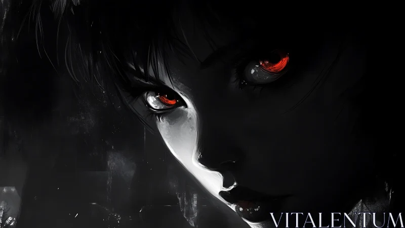 Dark portrait reveals ominous face with glowing red eyes