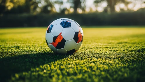Match-ready soccer ball on sunlit natural grass pitch at dusk