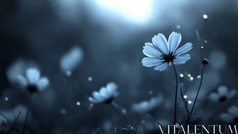 Blue Cosmos Flower in Soft Focus Evening Light.