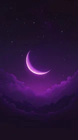 Crescent moon over stylized violet clouds and mountain silhouettes