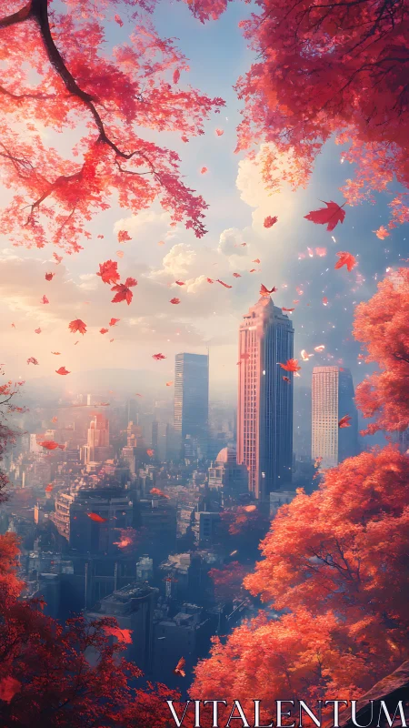 Crimson autumn leaves drift gently above a glowing cityscape